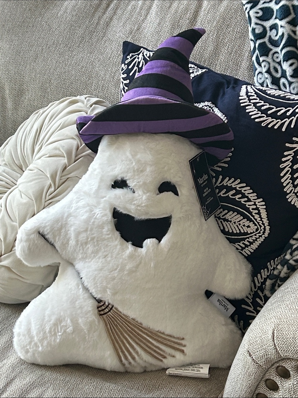NEW! Spooky Cute Halloween Ghost Plush Throw Pillow Purple & Black Witch Hat